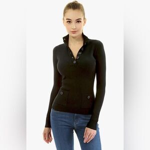 AmélieBoutik Women V Neck Button Ribbed Sweater Black M